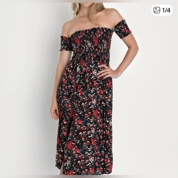 Lulu’s Chic Off-Shoulder Floral Midi Dress - Picture 1 of 3